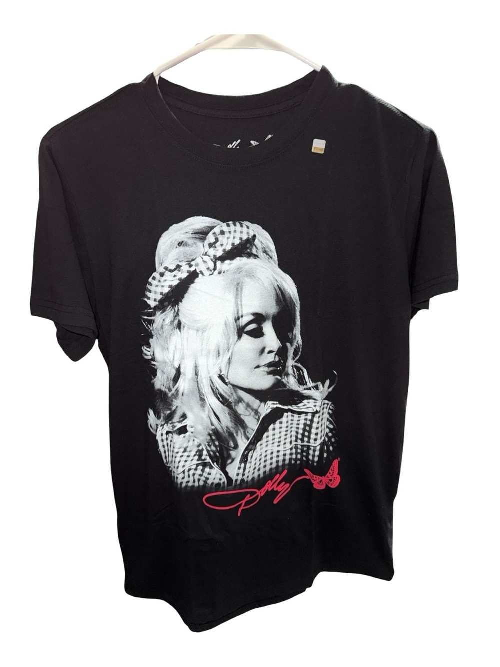 Dolly Parton Black Graphic Tee with Pink Signature Accent, Size Small, NEW